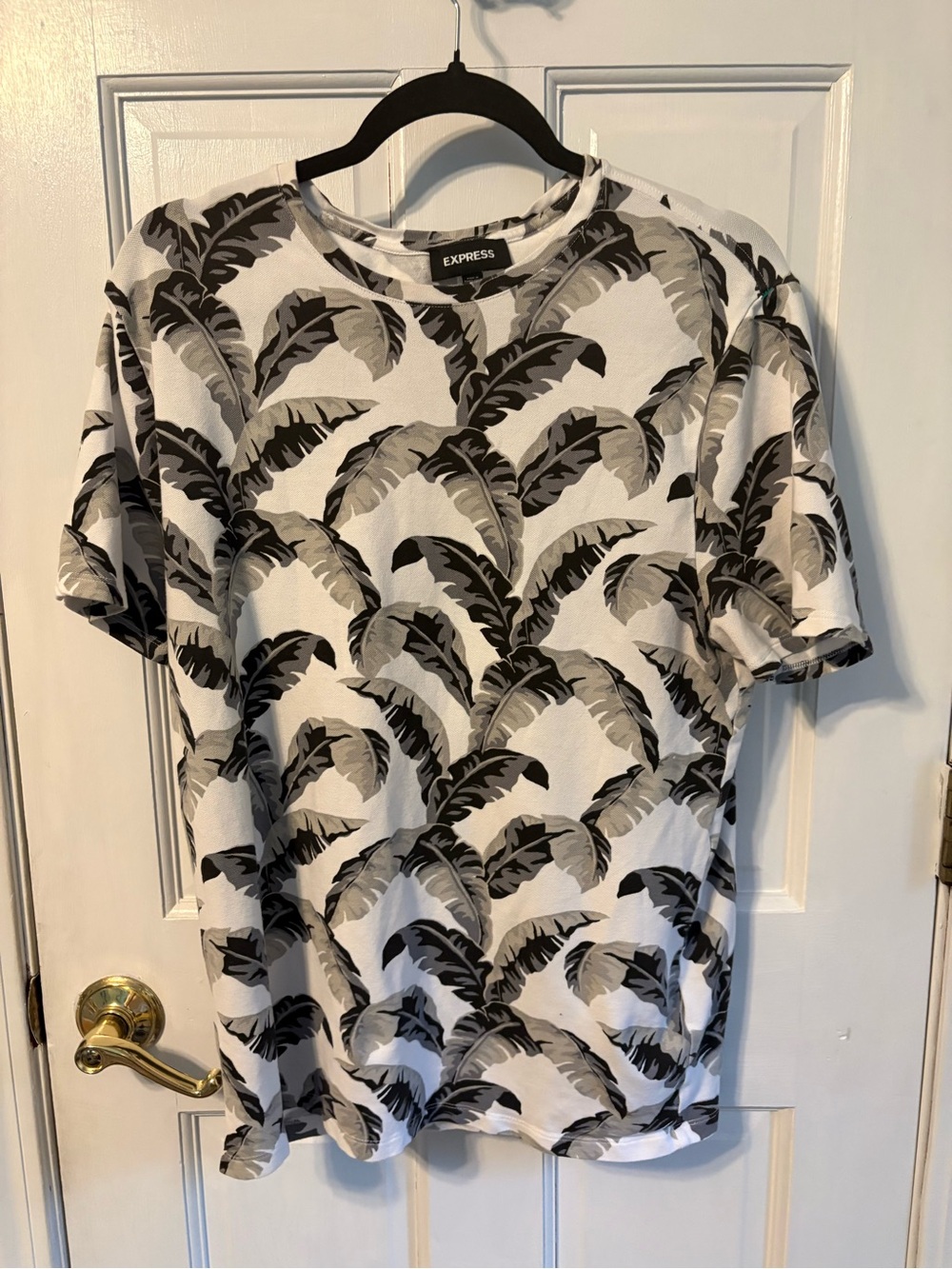 Express Men's White Shirt with Gray & Black Palm Print